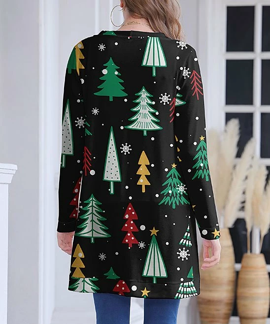 Deals ๐ Nanu | Black & Green Festive Trees Hacci Open Cardigan - Plus ๐ - Image 2