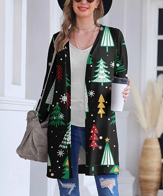 Deals ๐ Nanu | Black & Green Festive Trees Hacci Open Cardigan - Plus ๐