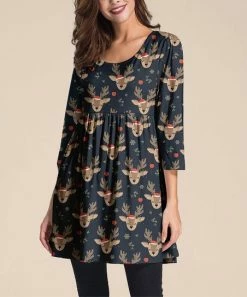 Wholesale 💯 Nanu | Dark Blue & Brown Reindeer Three-Quarter Sleeve Empire-Waist Tunic - 👩 Women 🔔