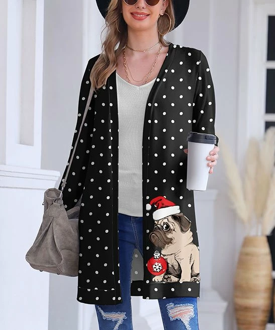 Buy ⭐ Nanu | Black & White Polka Dot 🎁 Christmas Pug Hacci Open Cardigan - Plus ⌛