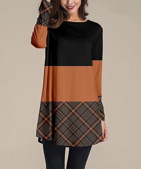 Outlet โญ Nanu | Orange & Dark Gray Plaid Long-Sleeve Tunic - Plus ๐