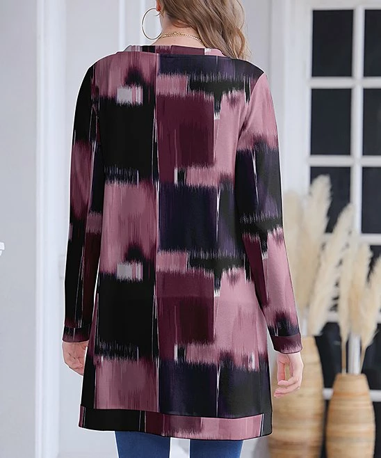 Promo ✨ Nanu | Burgundy & Black Abstract Open Cardigan - Plus 😀 - Image 2