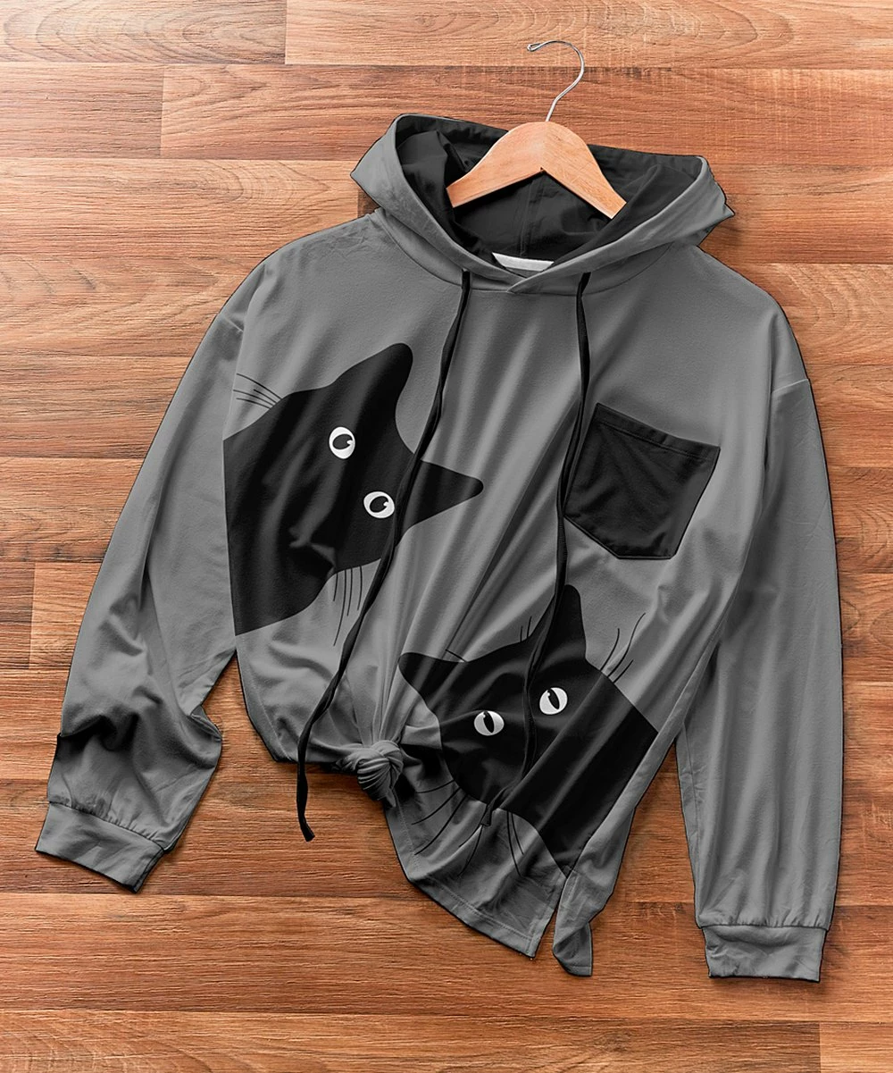 Outlet ✨ Nanu | Gray & Black Cat Pocket-Accent Hacci Drawstring Hoodie - Plus ❤️ - Image 2