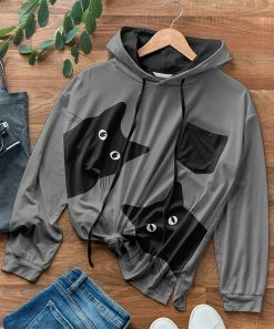 Outlet ✨ Nanu | Gray & Black Cat Pocket-Accent Hacci Drawstring Hoodie - Plus ❤️