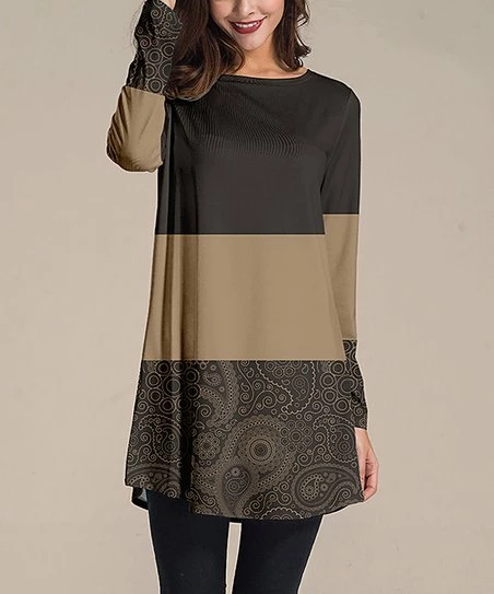Outlet ๐งจ Nanu | Brown Paisley Color Block Long-Sleeve Tunic - ๐ฉ Women ๐