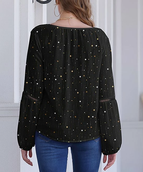 Budget ๐ Nanu | Black & Golden Stars V-Neck Chiffon Tunic - ๐ฉ Women & Plus ๐ - Image 2