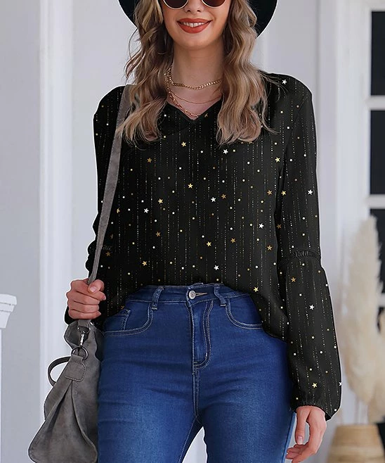 Budget ๐ Nanu | Black & Golden Stars V-Neck Chiffon Tunic - ๐ฉ Women & Plus ๐
