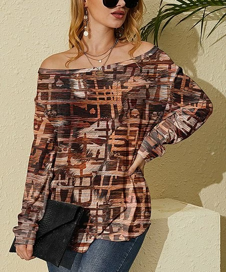 Best Sale ๐ Nanu | Dark Brown & Tan Abstract Hacci Boatneck Dolman Pullover - ๐ฉ Women ๐