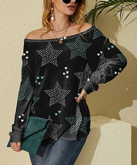 Budget โ Nanu | Black & Mint Stars & Hearts Hacci Boatneck Dolman Pullover - ๐ฉ Women & Plus ๐
