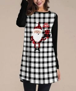 Budget 🤩 Nanu | Black & White Plaid Father 🔔 Christmas Long-Sleeve Tunic - 👩 Women & Plus ❤️