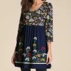 Best Sale 😍 Nanu | Dark Blue Floral Three-Quarter Sleeve Empire-Waist Tunic - 👩 Women 🧨