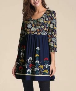 Best Sale 😍 Nanu | Dark Blue Floral Three-Quarter Sleeve Empire-Waist Tunic - 👩 Women 🧨
