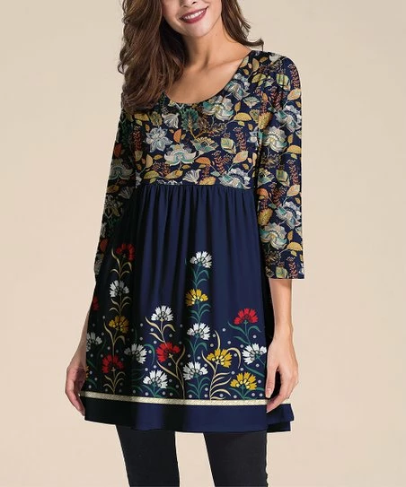 Best Sale ๐ Nanu | Dark Blue Floral Three-Quarter Sleeve Empire-Waist Tunic - ๐ฉ Women ๐งจ