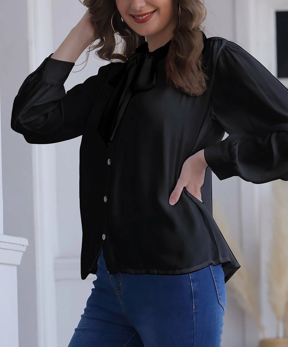 Buy โค๏ธ Nanu | Black Bow-Neck Chiffon Tunic - ๐ฉ Women ๐ - Image 2