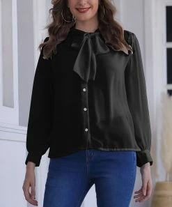 Buy ❤️ Nanu | Black Bow-Neck Chiffon Tunic - 👩 Women 🛒