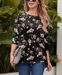 Buy ❤️ Nanu | Black & Pink Floral Three-Quarter Sleeve Tunic - 👩 Women 💯