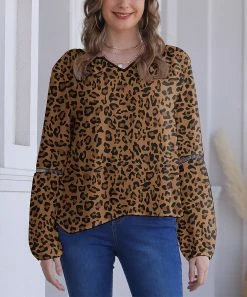 Best Pirce ❤️ Nanu | Brown & Black Leopard Chiffon Bishop-Sleeve V-Neck Tunic - 👩 Women 🥰