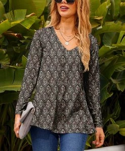 Promo 😍 Nanu | Black & Gray Abstract Geometric V-Neck Hi-Low Tunic - 👩 Women ⌛