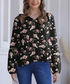 Discount โญ Nanu | Black & Pink Flowers V-Neck Chiffon Tunic - ๐ฉ Women ๐