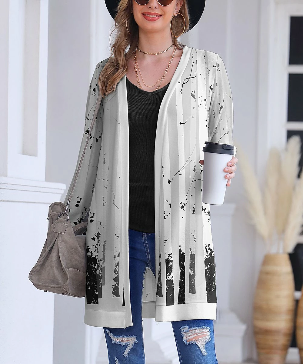 Budget β Nanu | Cream & Gray Abstract Hacci Open Cardigan - π© Women π