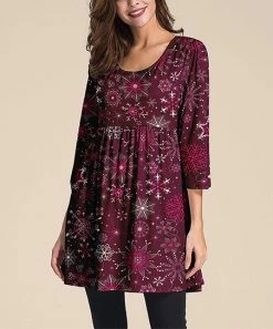 Cheap ⌛ Nanu | Purple & Red Snowflake Three-Quarter Sleeve Tunic - 👩 Women 🧨