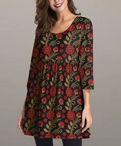 Discount 🛒 Nanu | Red & Black Floral Three-Quarter Sleeve Empire-Waist Tunic - 👩 Women ⌛