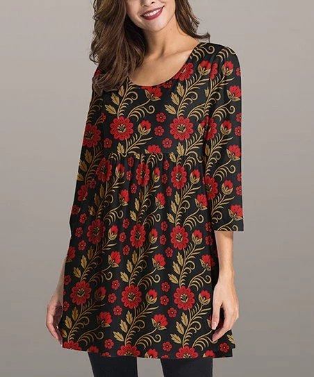 Discount ๐ Nanu | Red & Black Floral Three-Quarter Sleeve Empire-Waist Tunic - ๐ฉ Women โ