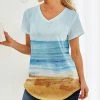 Outlet 😉 Nanu | Blue Colorful Beach V-Neck Curved-Hem Neck Tee - 👩 Women & Plus ⌛