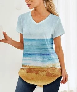 Outlet 😉 Nanu | Blue Colorful Beach V-Neck Curved-Hem Neck Tee - 👩 Women & Plus ⌛