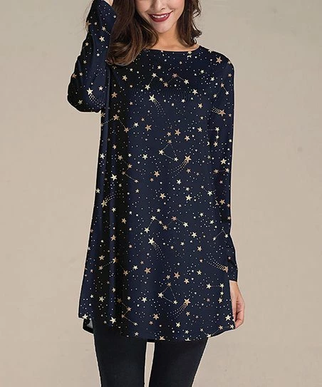 Hot Sale ๐ Nanu | Dark Blue & Golden Stars Long-Sleeve Tunic - ๐ฉ Women & Plus ๐