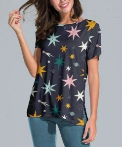 Best Sale 🎉 Nanu | Dark Blue & Yellow Stars Slit-Sleeve Split-Hem Tunic - 👩 Women & Plus 🤩