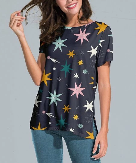 Best Sale ๐ Nanu | Dark Blue & Yellow Stars Slit-Sleeve Split-Hem Tunic - ๐ฉ Women & Plus ๐คฉ