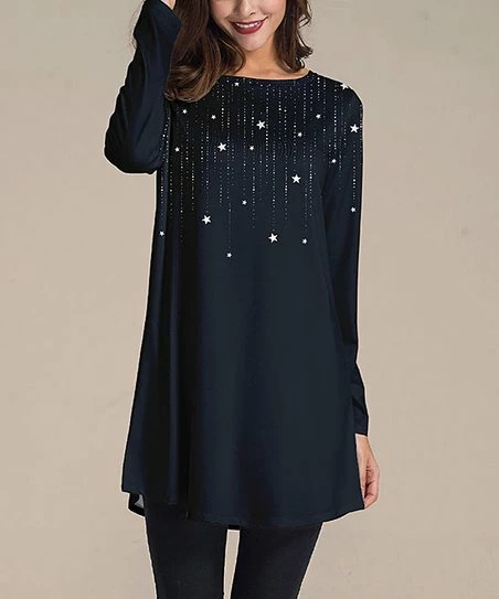 Buy ๐ Nanu | Dark Blue & White Stars Long-Sleeve Tunic - ๐ฉ Women & Plus โญ