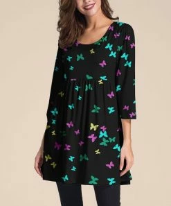 Best deal 🧨 Nanu | Black & Purple Butterfly Three-Quarter Sleeve Empire-Waist Tunic - 👩 Women ⌛