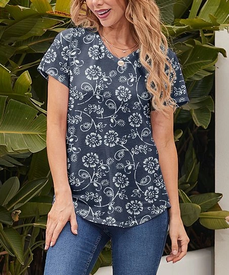 Coupon โจ Nanu | Dark Blue & White Floral V-Neck Curved-Hem Tee - Plus ๐คฉ