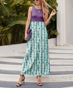 Promo 👍 Nanu | Green & Purple Tie-Dye Color Block Sleeveless Ruched-Waist Maxi 👗 Dress - 👩 Women 👏