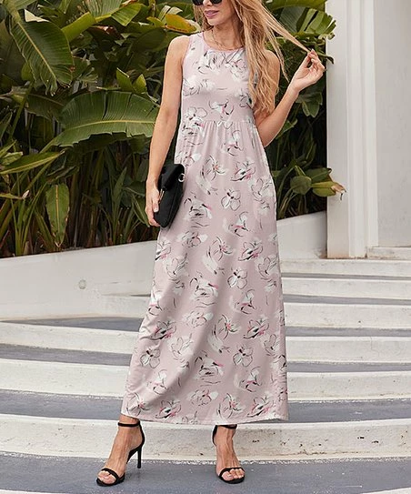Promo ๐คฉ Nanu | Light Pink Floral Sleeveless Ruched-Waist Maxi ๐ Dress - ๐ฉ Women โญ