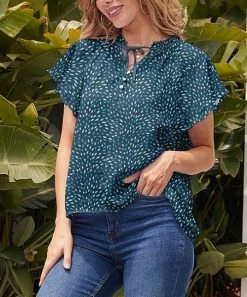 Flash Sale 🔔 Nanu | Dark Blue & Navy Abstract Tie-Neck Chiffon Flutter-Sleeve Top - Plus 🌟