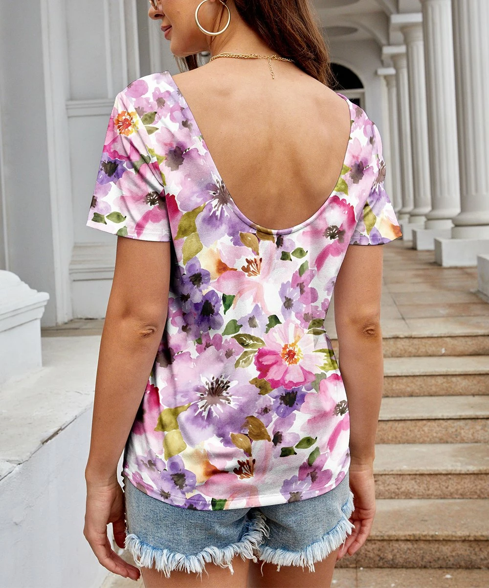 Cheapest ๐งจ Nanu | Purple & Pink Floral Scoop-Back Tee - ๐ฉ Women ๐ - Image 2