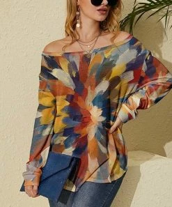 Best Sale 🥰 Nanu | Orange Multicolor Abstract Hacci Boatneck Dolman Pullover - 👩 Women 💯
