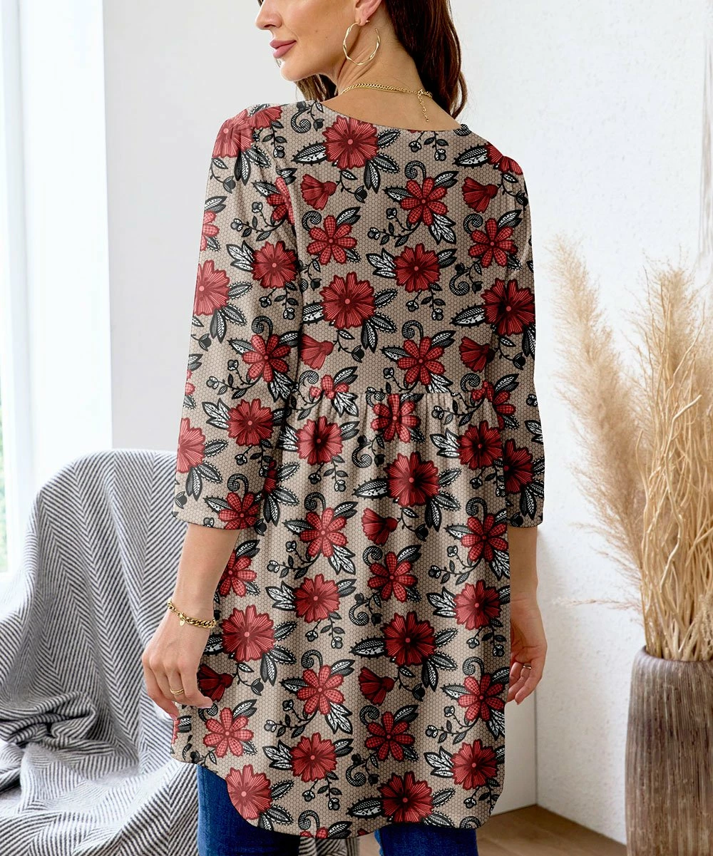 Top 10 โค๏ธ Nanu | Red & Black Floral Velvet Tunic - ๐ฉ Women ๐งจ - Image 3