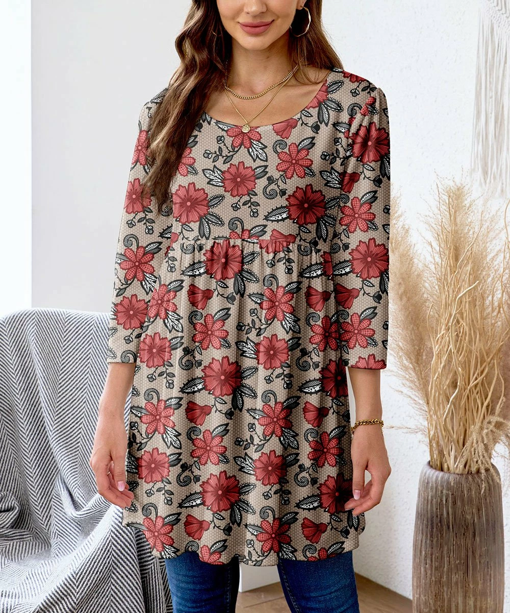 Top 10 โค๏ธ Nanu | Red & Black Floral Velvet Tunic - ๐ฉ Women ๐งจ