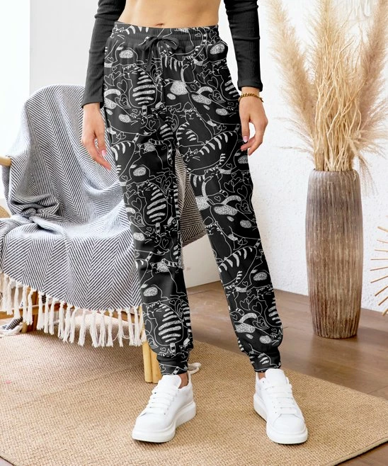 Top 10 💯 Nanu | Black & White Cats Velvet Banded-Hem Joggers - 👩 Women 😉