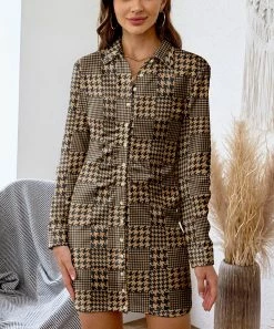 Discount โญ Nanu | Brown & Black Houndstooth Velvet Long-Sleeve ๐ Dress - Plus ๐ฅ