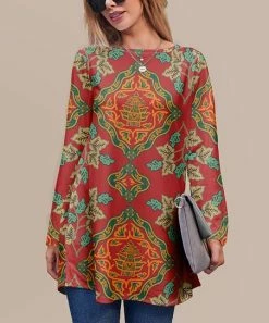 Buy 🎉 Nanu | Reddish Orange & Mint Foliage Long-Sleeve Tunic - 👩 Women 👍