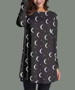 Top 10 😀 Nanu | Black & White Moon Stars Long-Sleeve Tunic - 👩 Women & Plus 😀
