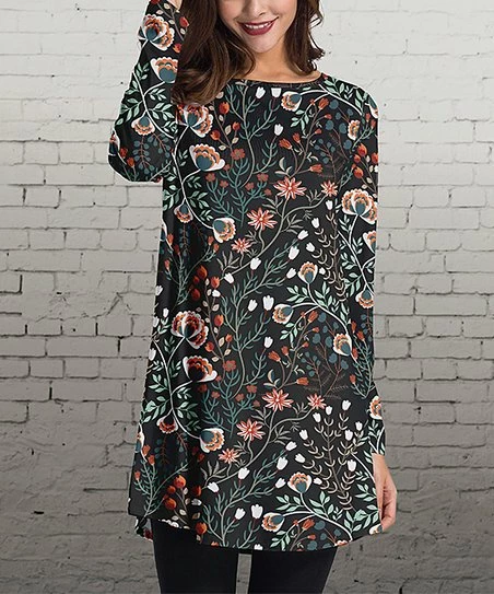 Coupon โจ Nanu | Black & Rust Floral Long-Sleeve Tunic - ๐ฉ Women & Plus ๐