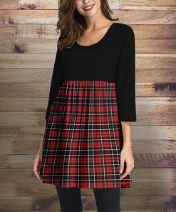 Best Sale ⭐ Nanu | Black & Red Plaid Three-Quarter Sleeve Empire-Waist Tunic - 👩 Women & Plus 🎉