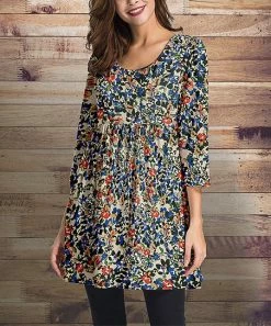 Best reviews of ✔️ Nanu | Blue & Coral Floral Three-Quarter Sleeve Empire-Waist Tunic - 👩 Women 🔥