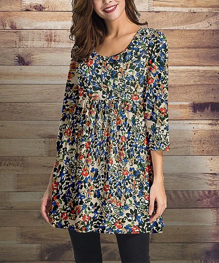 Best reviews of โ๏ธ Nanu | Blue & Coral Floral Three-Quarter Sleeve Empire-Waist Tunic - ๐ฉ Women ๐ฅ